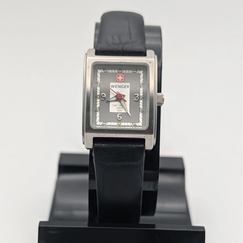 Wenger SMT Design Watch Women 6.5 Black Grey Swiss Made‎ Rectangular 092.0940